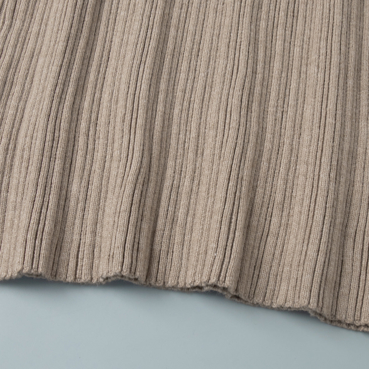 Off-Shoulder Fold-Over Collar Ribbed Knit Maxi Dress in Taupe — rib knit close-up
