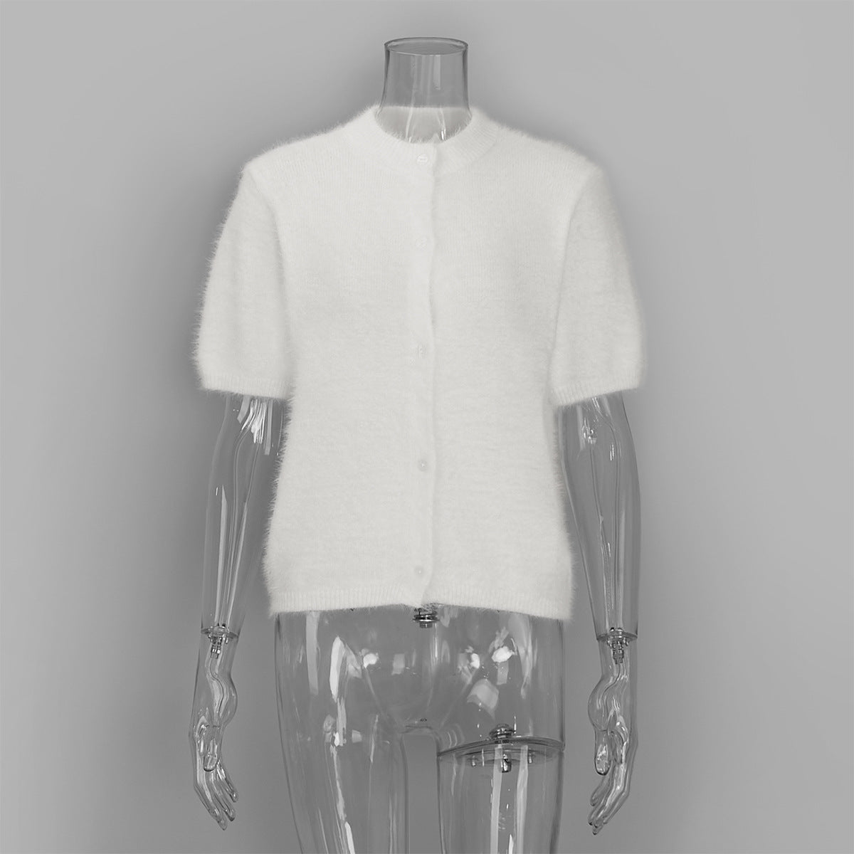 Fuzzy Knit Short Sleeve Cardigan with Mock Neck in Ivory — front view