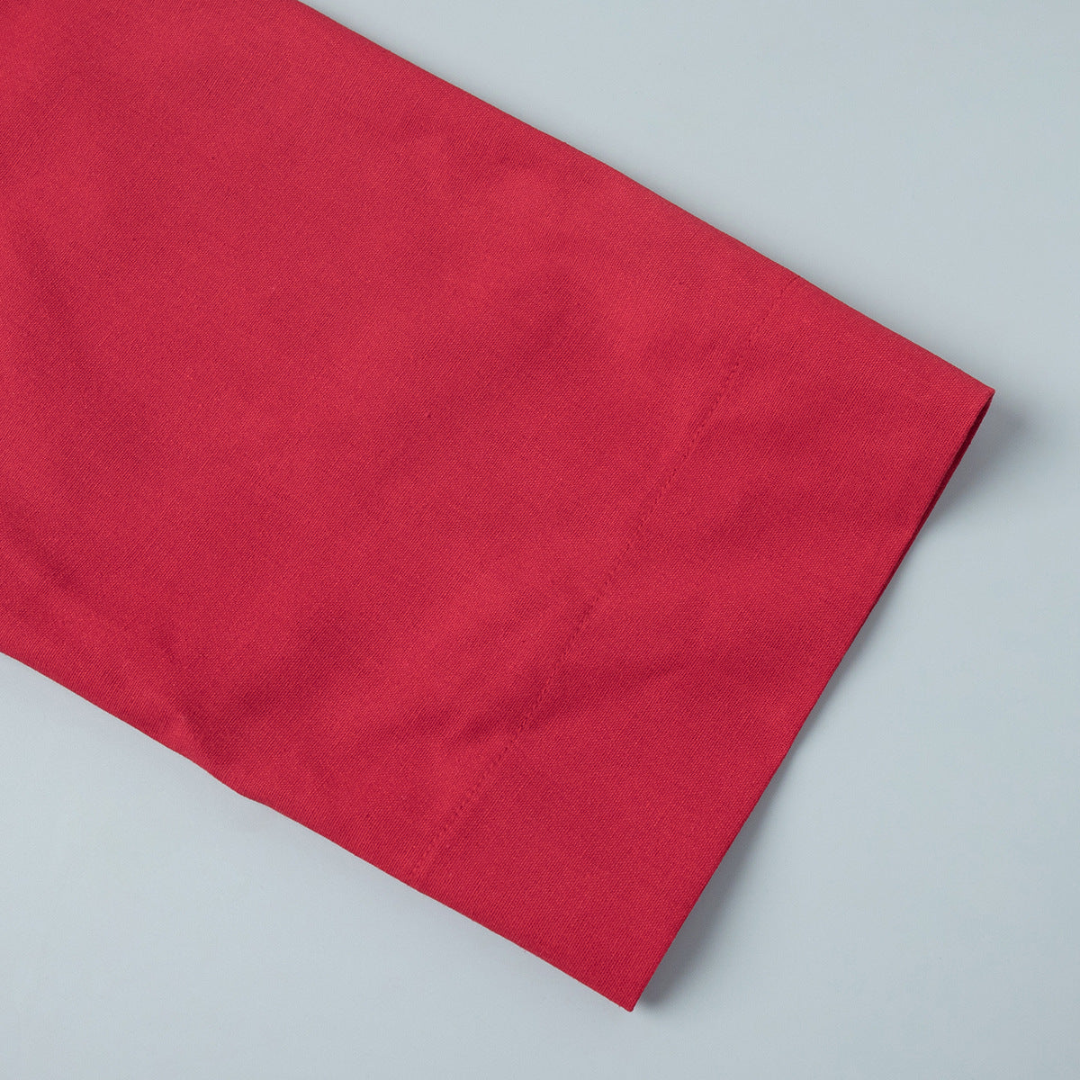 Linen-Blend Long Wrap Duster Dress in Cherry Red — close-up of the sleeve cuff