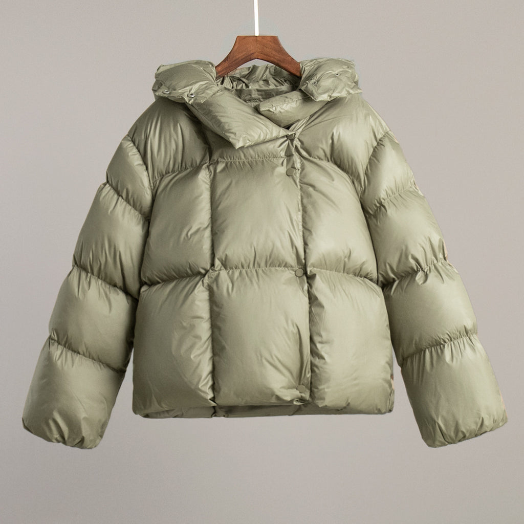Cropped Hooded Puffer Jacket with Drawstring Hem in Sage Green — front view