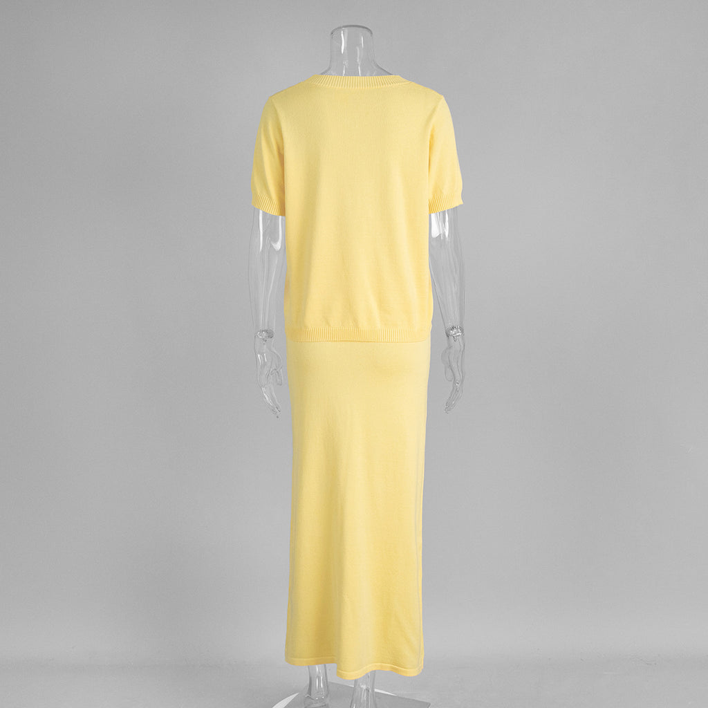 Short Sleeve Knit Top & Maxi Skirt Set in Butter Yellow — back view on mannequin