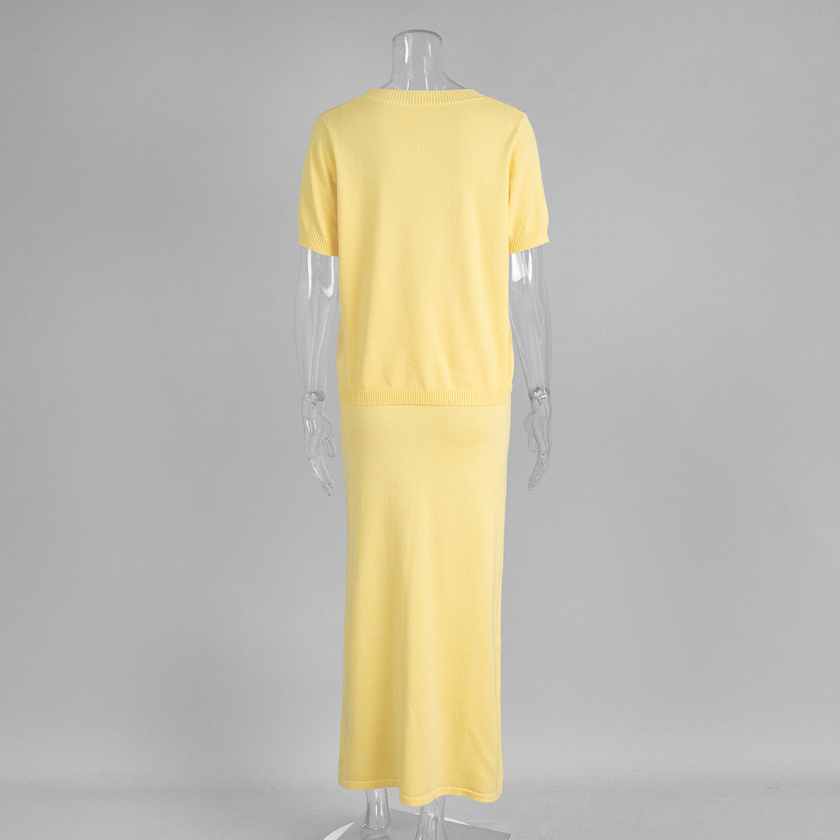 Short Sleeve Knit Top & Maxi Skirt Set in Butter Yellow — back view on mannequin
