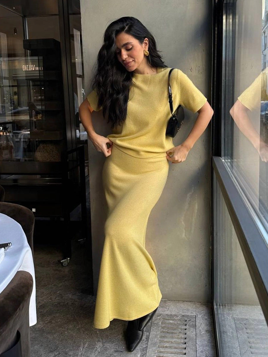 Short Sleeve Knit Top & Maxi Skirt Set in Butter Yellow — set worn on model