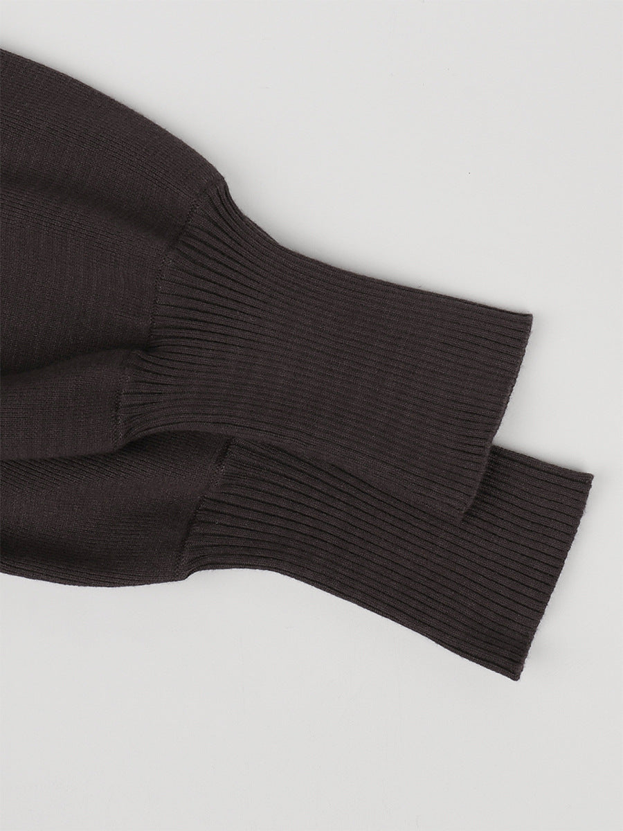 Zip-Front Balloon-Sleeve Knit Top & Drawstring Wide-Leg Pants Set in Chocolate — close-up of the balloon sleeve cuff