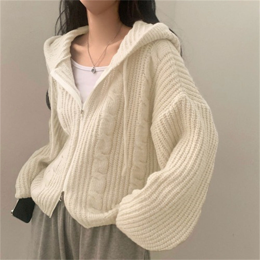 Chunky Cable-Knit Hooded Zip Cardigan in Ivory — front view on model