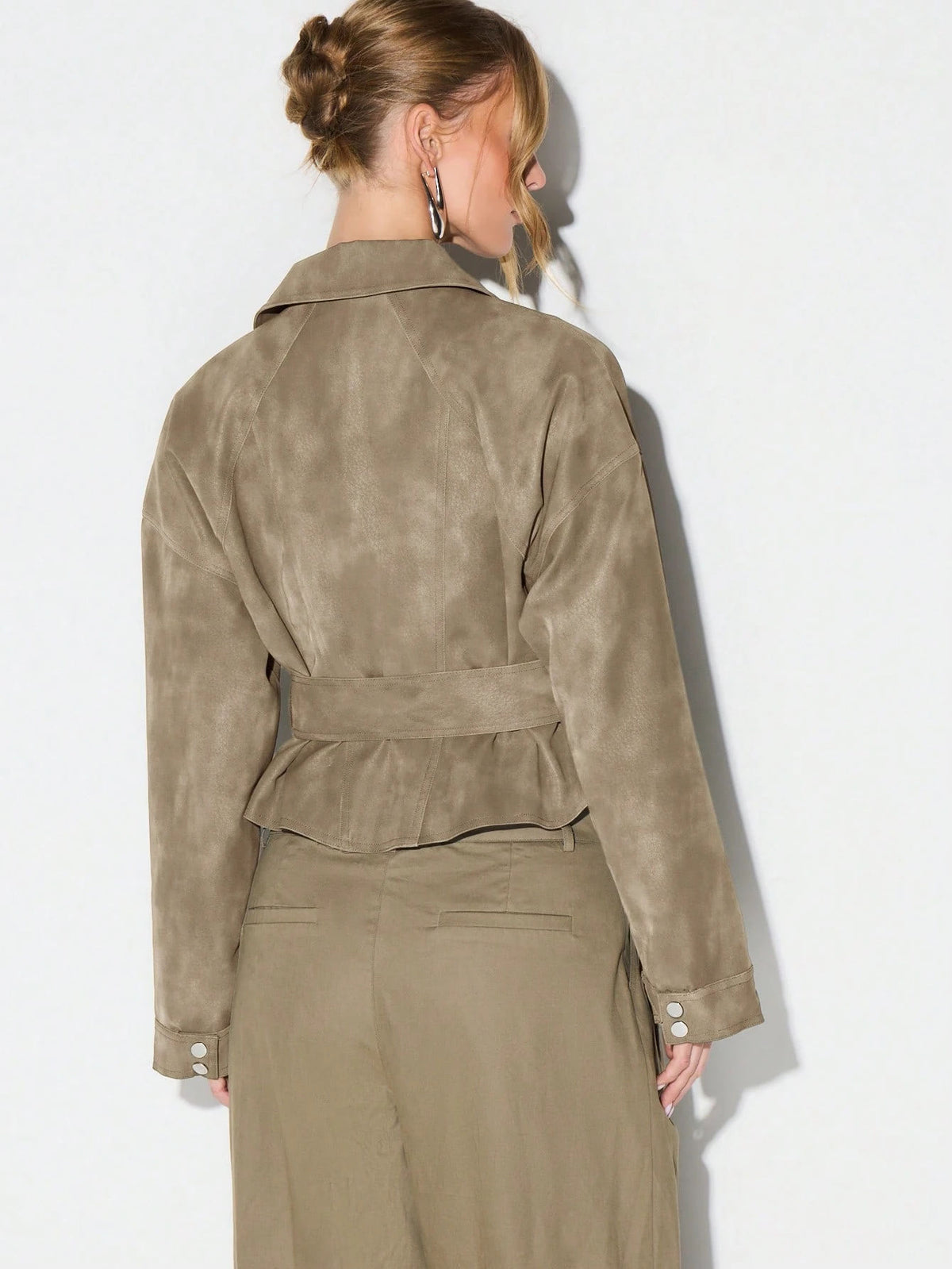 Belted Faux Suede Moto Jacket with Asymmetric Zip in Khaki — back view on model