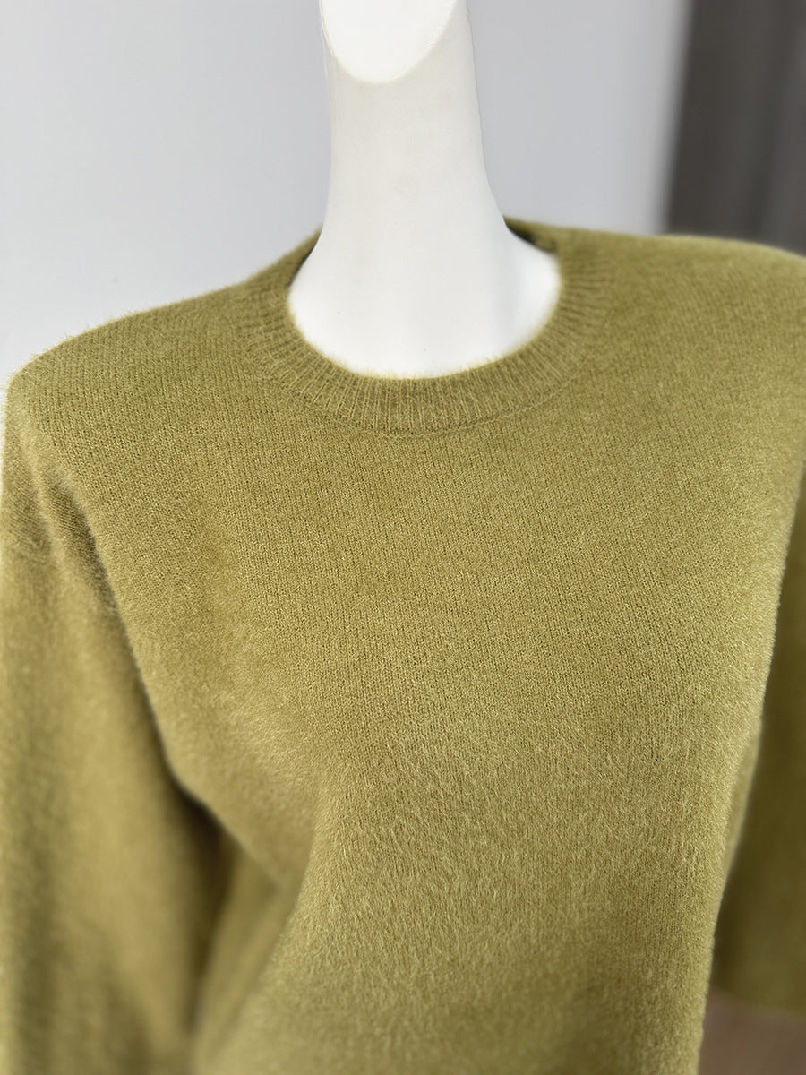 Relaxed Fuzzy Crew Neck Sweater in Olive — neckline detail