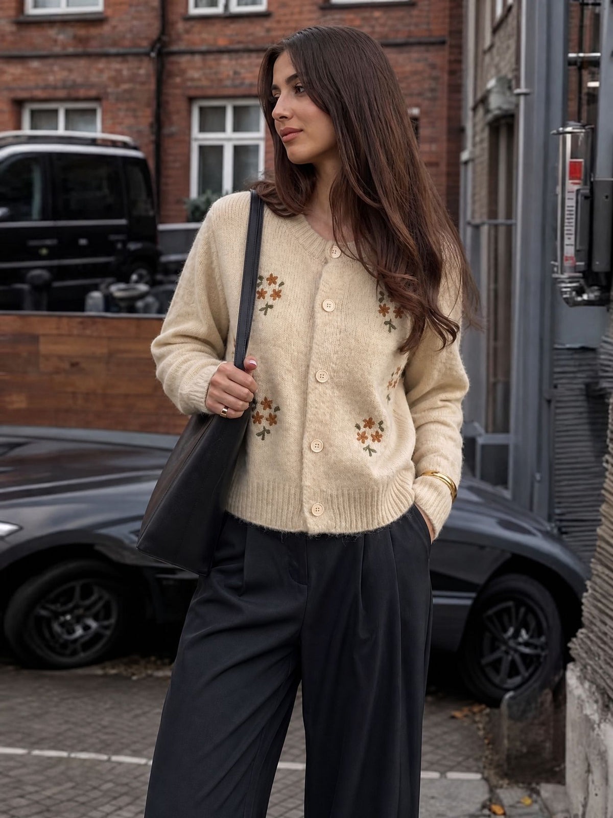 Floral Embroidered Button Cardigan in Oatmeal — on model with trousers