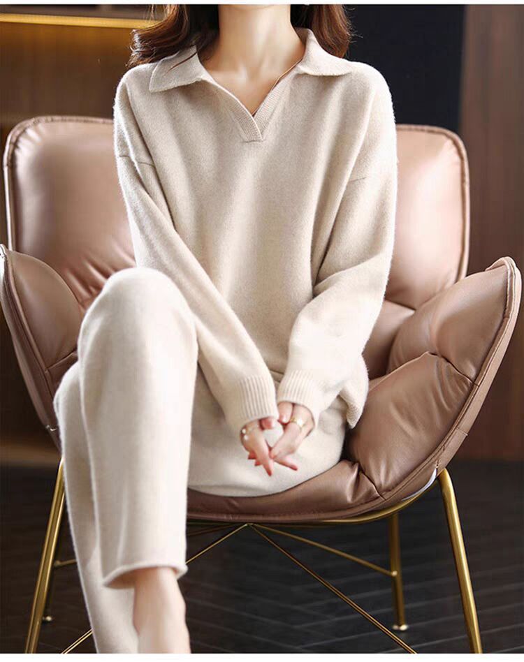 Collared Knit Sweater and Wide-Leg Pants Set in Ivory — seated view