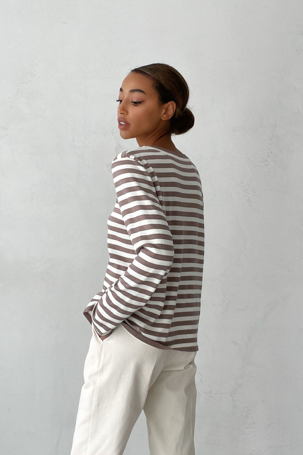 Relaxed Striped Crew Neck Sweater in Mocha Stripe — side view on model