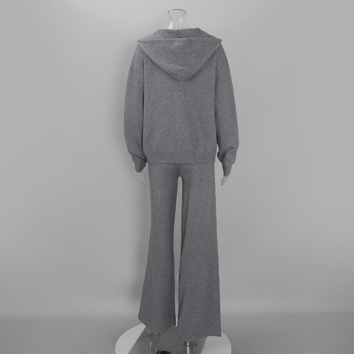 Oversized Hooded Zip-Up Knit & Drawstring Wide-Leg Pants Set in Heather Gray — set back view