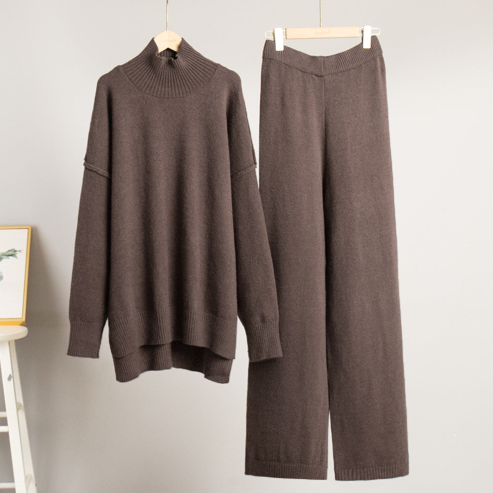 Oversized Turtleneck Sweater & Wide-Leg Knit Pants Set in Chocolate Brown — set on hanger