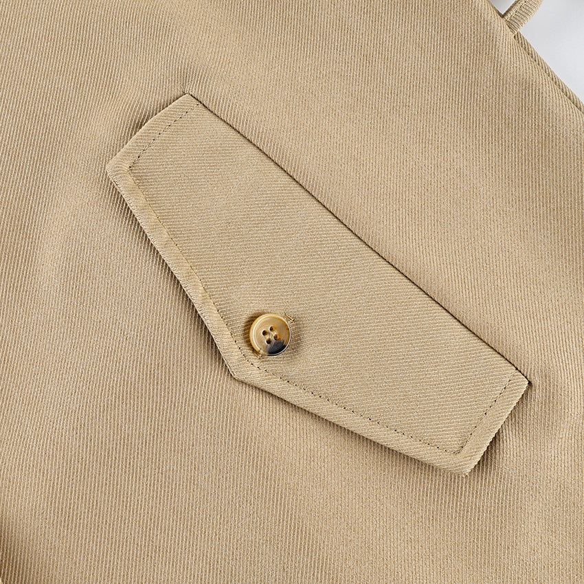 Belted Twill Utility Jacket with Epaulettes in Tan — close-up of the flap pocket