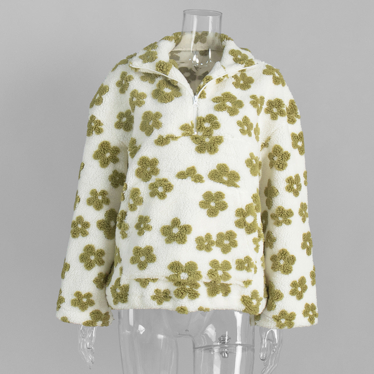 Floral Fleece Half-Zip Pullover Sweatshirt in Cream Olive Floral — front view