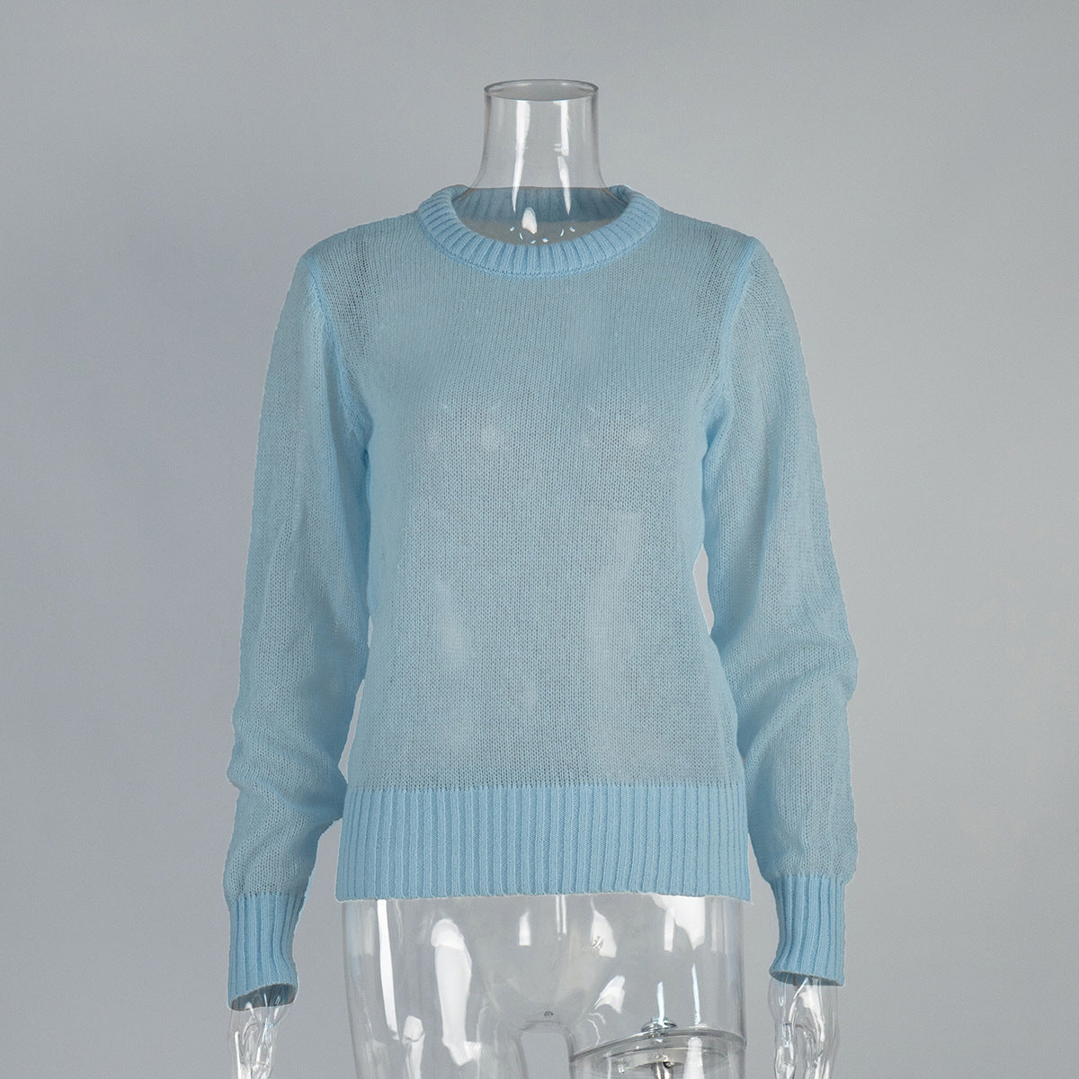 Soft Mohair-Blend Crew Neck Sweater in Light Blue — front view