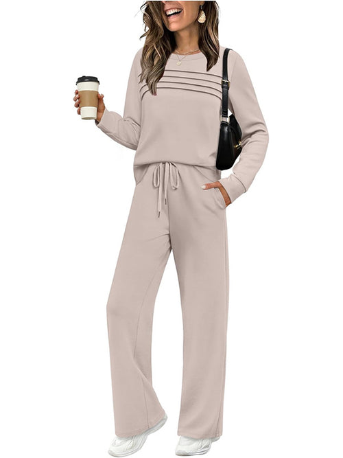 Ribbed Pullover & Drawstring Wide-Leg Pants Set in Oatmeal — full-length view on model