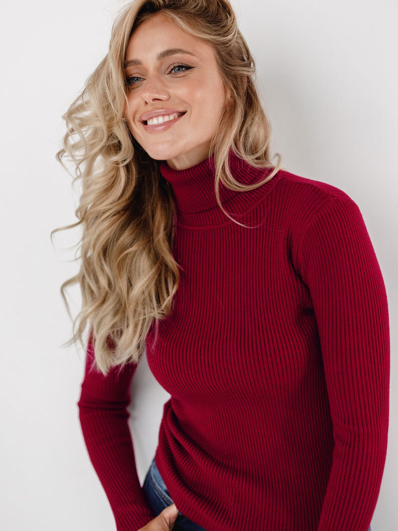 Fitted Ribbed Turtleneck Sweater in Burgundy — front view