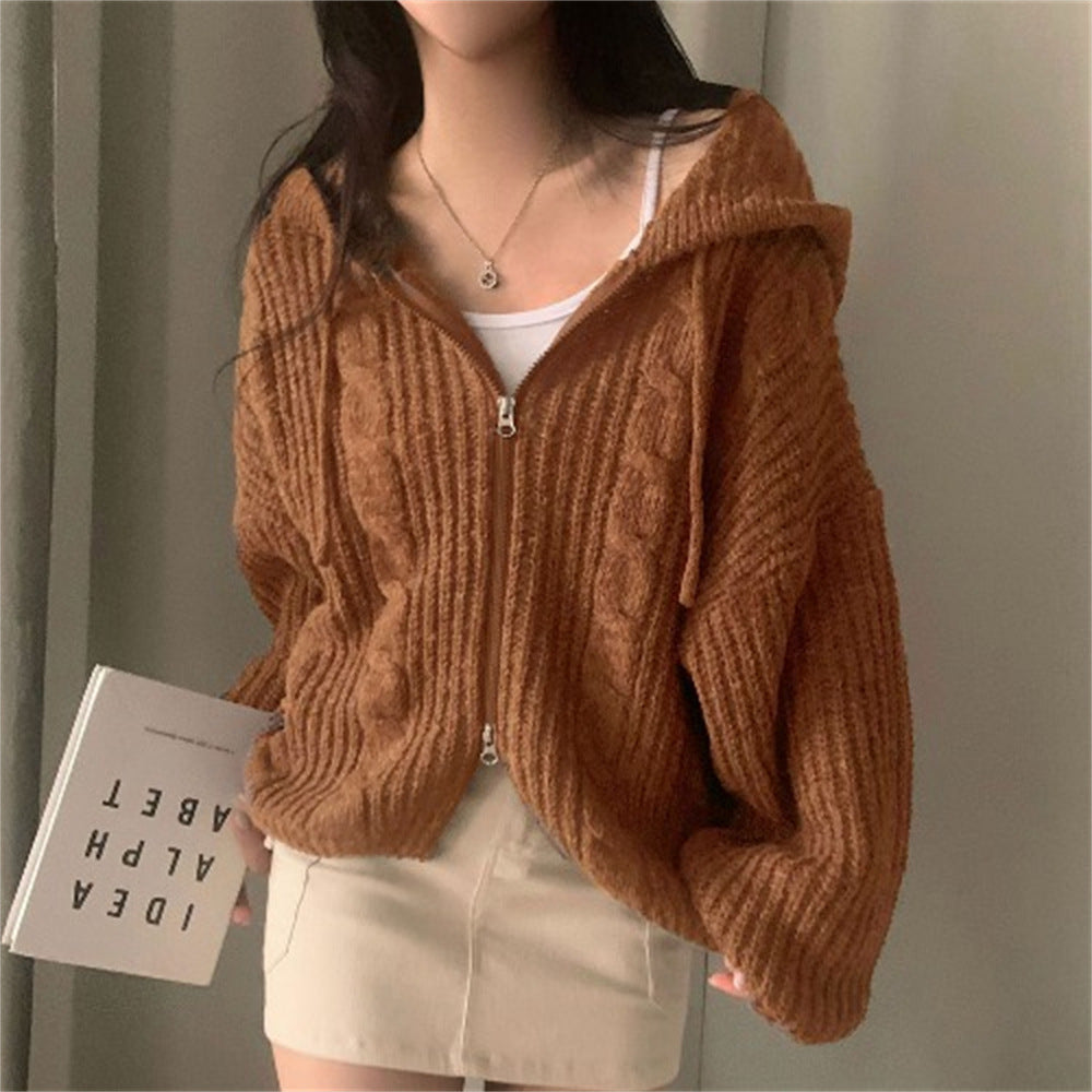 Chunky Cable-Knit Hooded Zip Cardigan in Caramel — front view on model