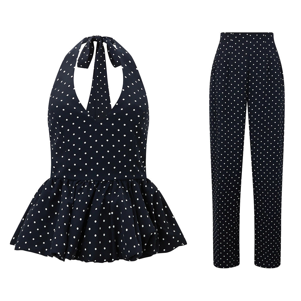 Polka Dot Halter Peplum & Wide-Leg Set in Black Dot — flat lay of top and pants