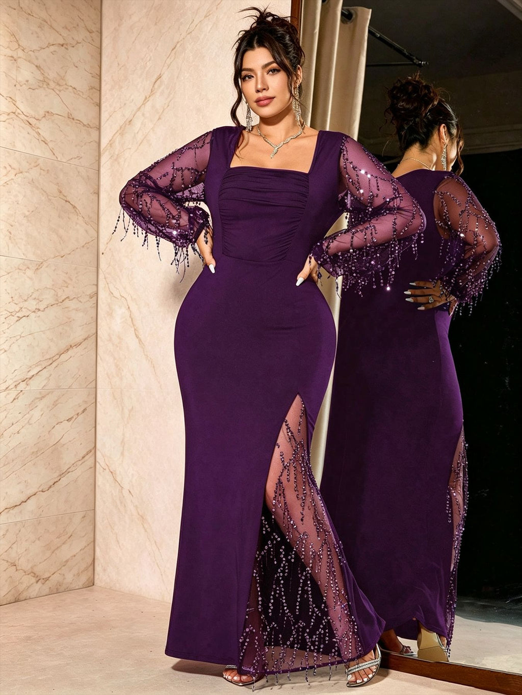 Plus-Size Mermaid Maxi Gown with Sequin-Fringe Mesh Sleeves in Purple — side view on model