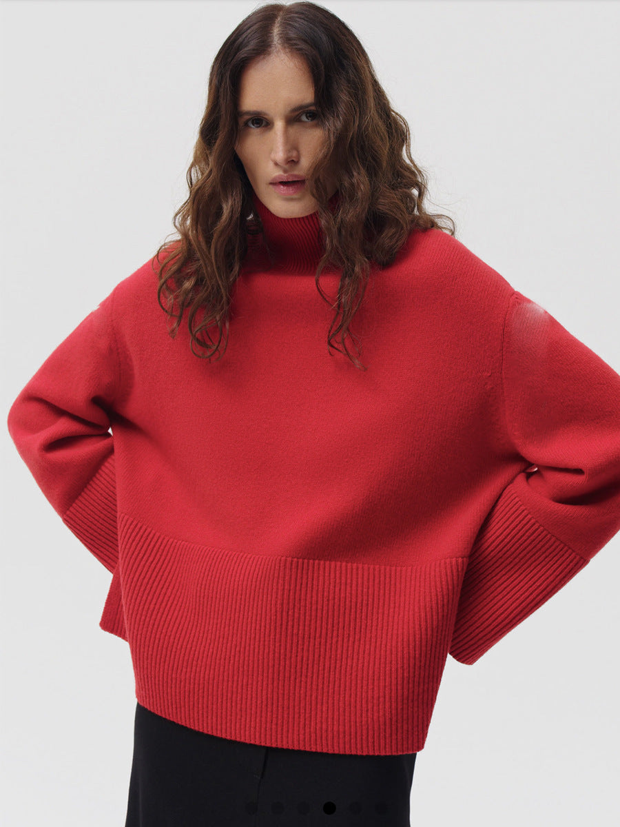 Wide-Cuff Red Turtleneck Sweater in Red — front view on model or garment