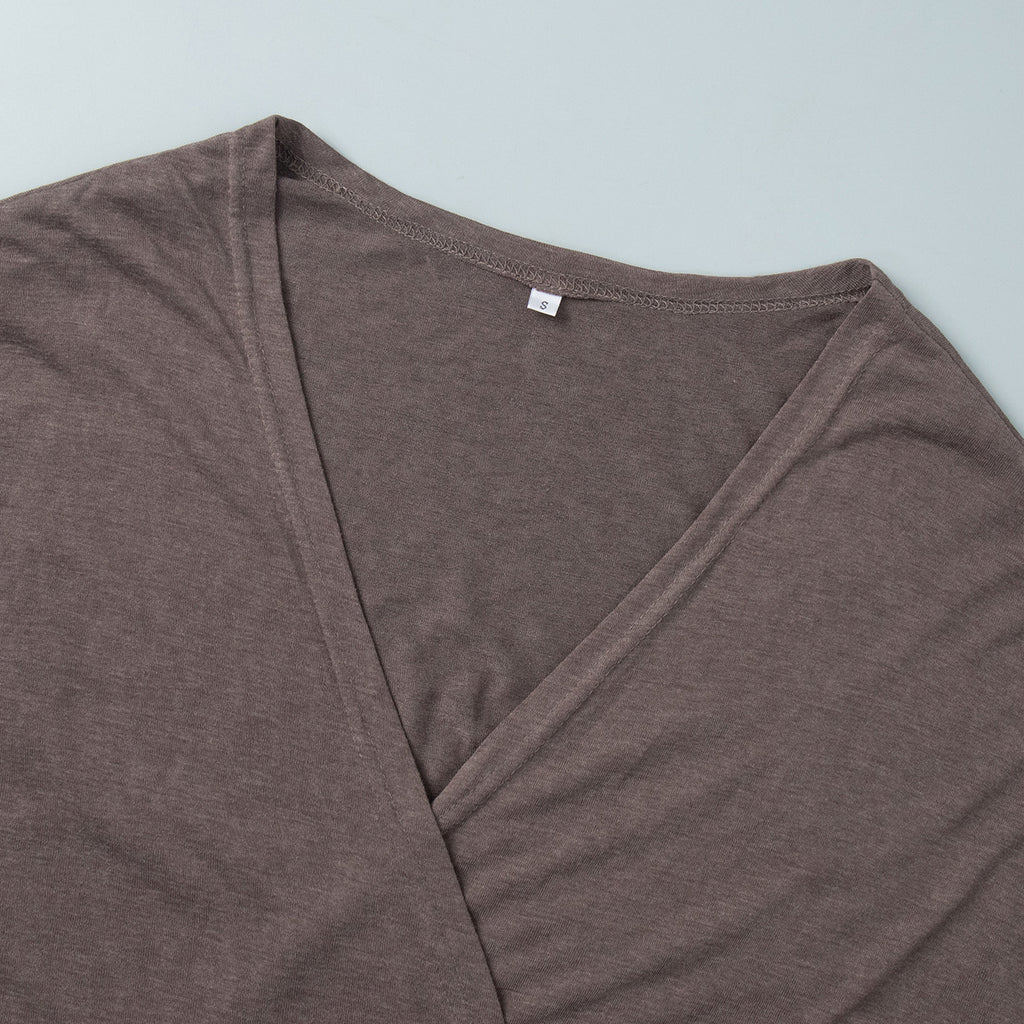 Wrap Tie Top & Wide-Leg Lounge Pants Set in Cocoa — close-up of V-neck