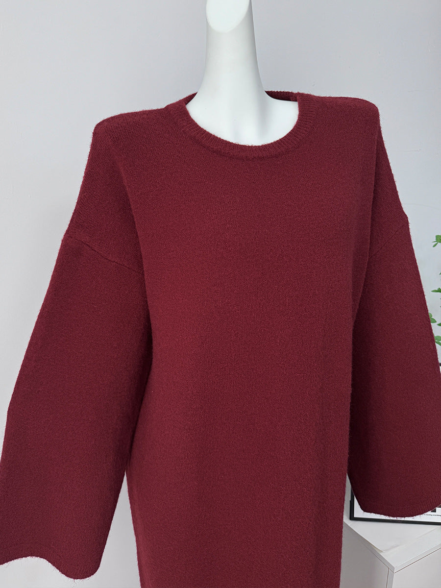 Relaxed Knit Maxi Sweater Dress with Tie Waist in Burgundy — close view of the crew neck and sleeves