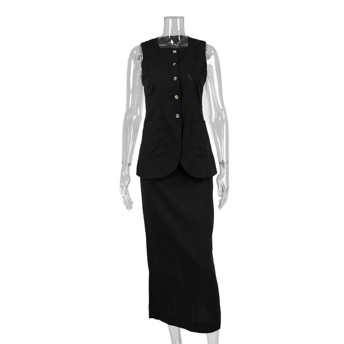 Linen-Blend Vest & Column Maxi Skirt Set in Black — front view on mannequin