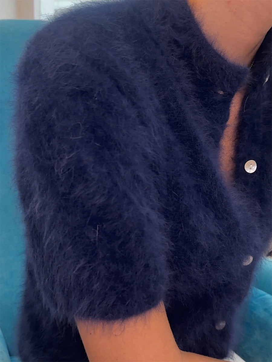 Fuzzy Knit Short Sleeve Cardigan with Mock Neck in Navy — close-up of fuzzy knit and puff sleeve