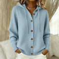 Hooded Button-Front Knit Cardigan in Light Blue — front view on model