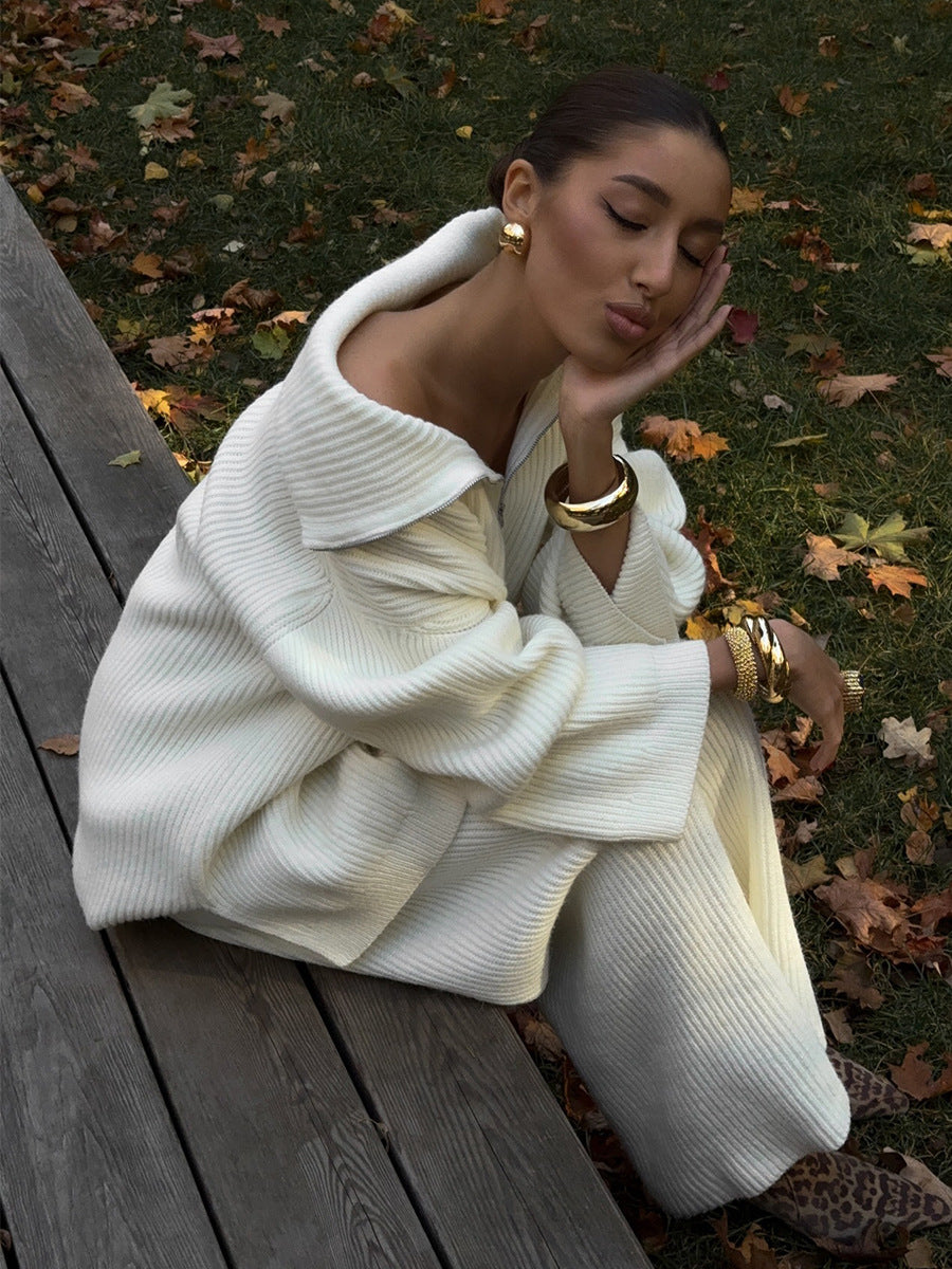 Half-Zip Polo Knit Sweater & Wide-Leg Pants Set in Ivory — seated view on model