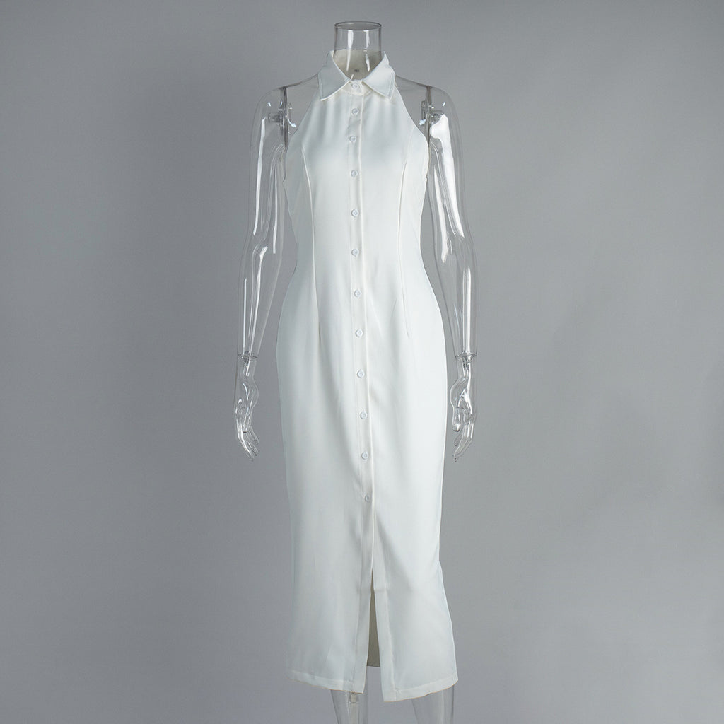 Sleeveless Button-Front Collared Maxi Dress in White — front view on mannequin