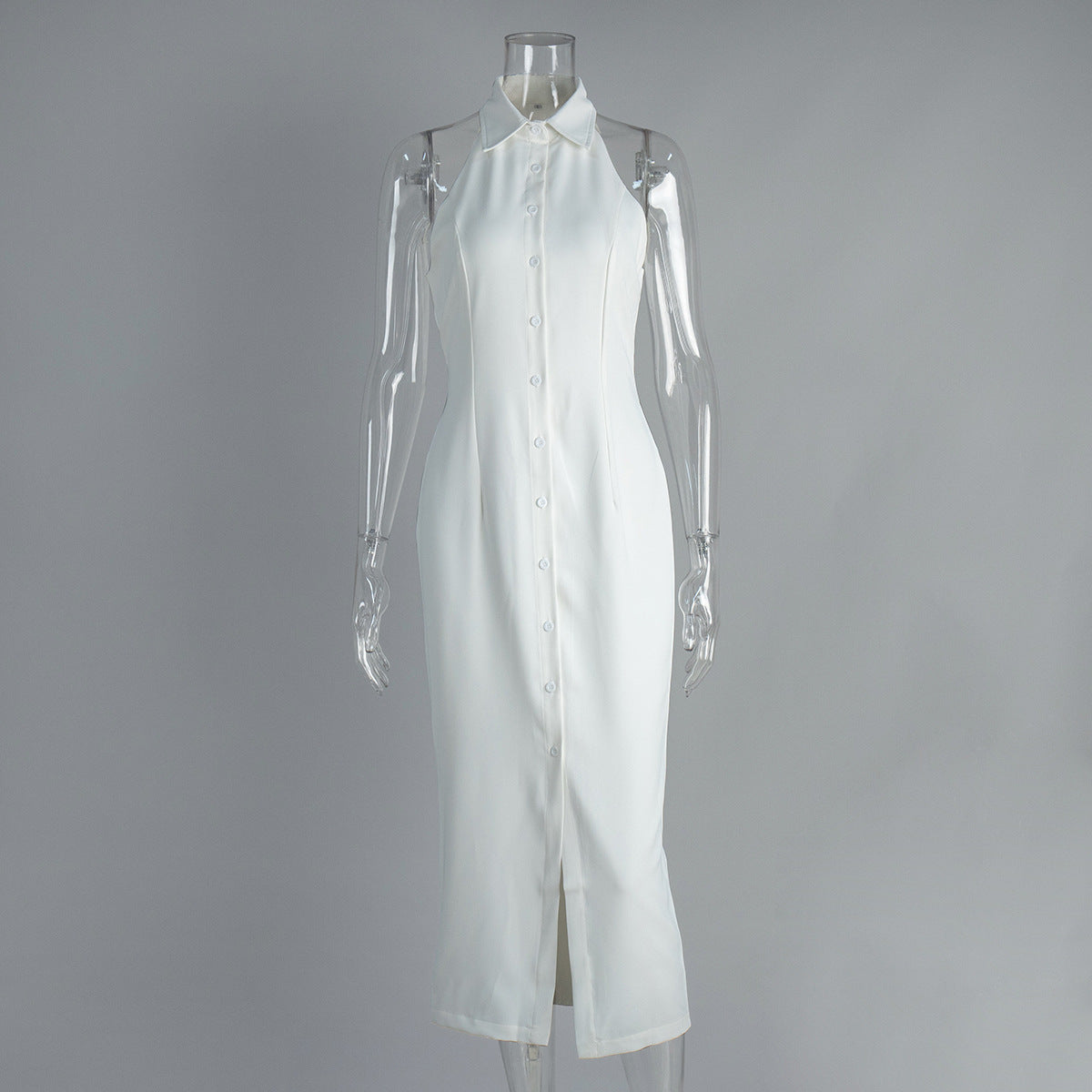 Sleeveless Button-Front Collared Maxi Dress in White — front view on mannequin