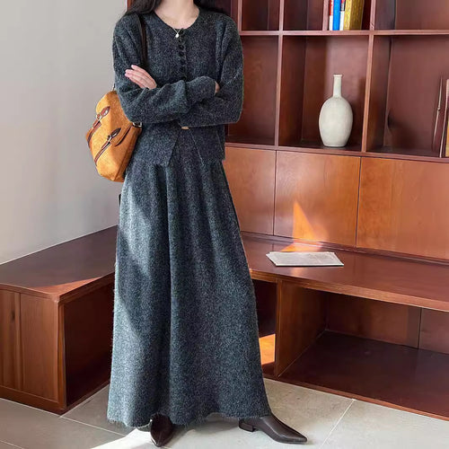 Button-Front Knit Cardigan & A-Line Maxi Skirt Set in Charcoal — full-length view on model