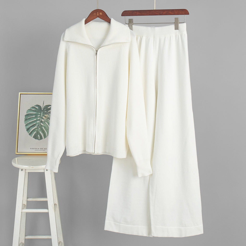 Wide-Collar Zip-Up Knit Cardigan & Wide-Leg Pants Set in Ivory — set on hanger