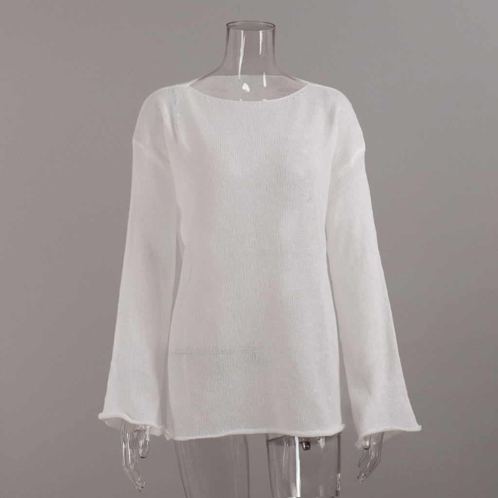 Sheer Open-Knit Bell Sleeve Sweater in White — front view on mannequin