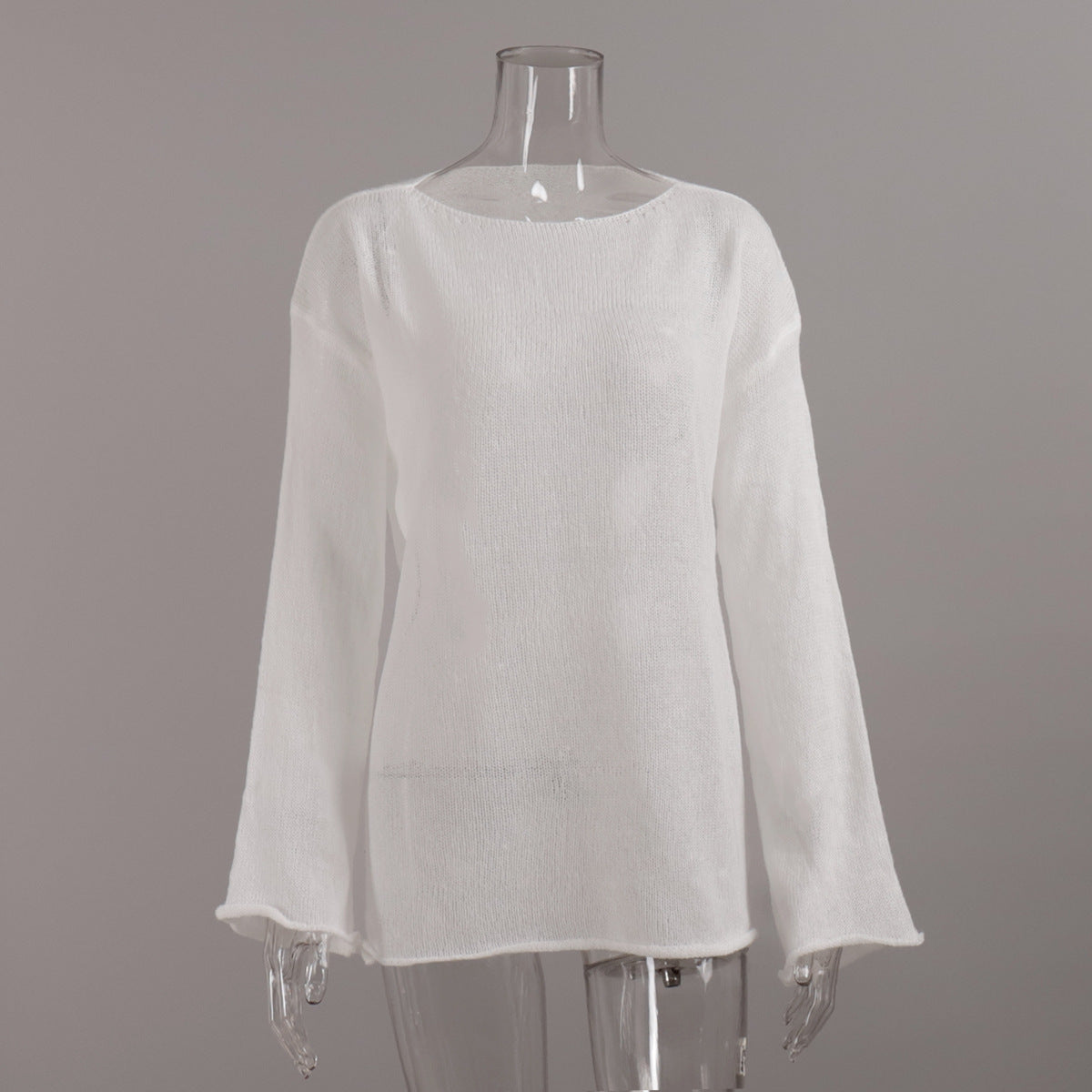 Sheer Open-Knit Bell Sleeve Sweater in White — front view on mannequin