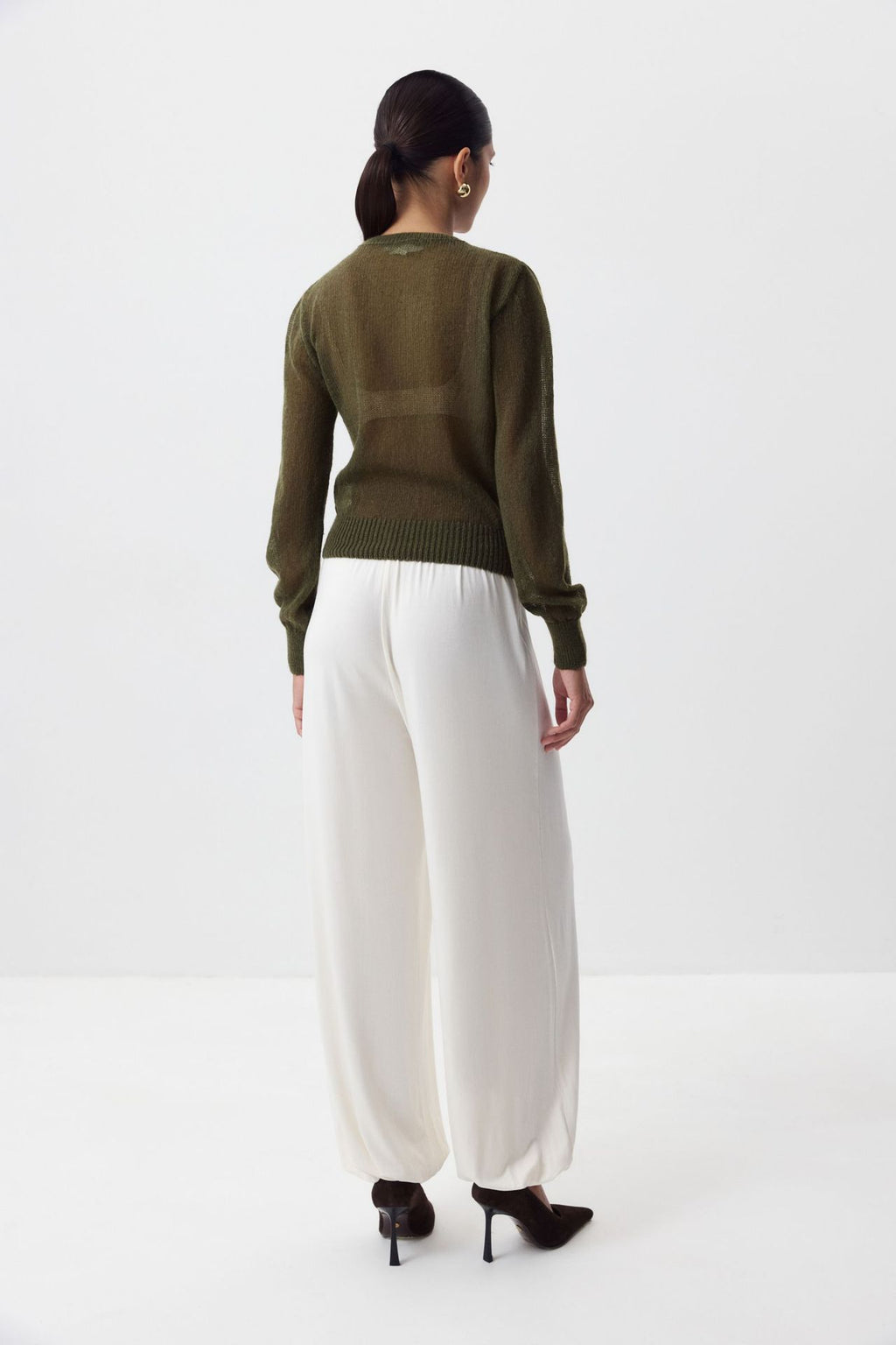 Airy Button-Front Knit Cardigan in Olive — back view on model