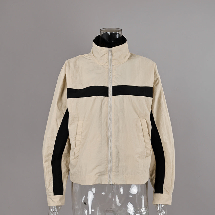 Contrast-Stripe Stand-Collar Track Jacket in Stone — front view on mannequin