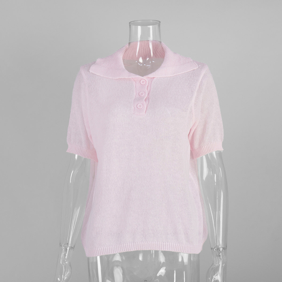 Soft Knit Short Sleeve Polo Top in Light Pink — front view on mannequin
