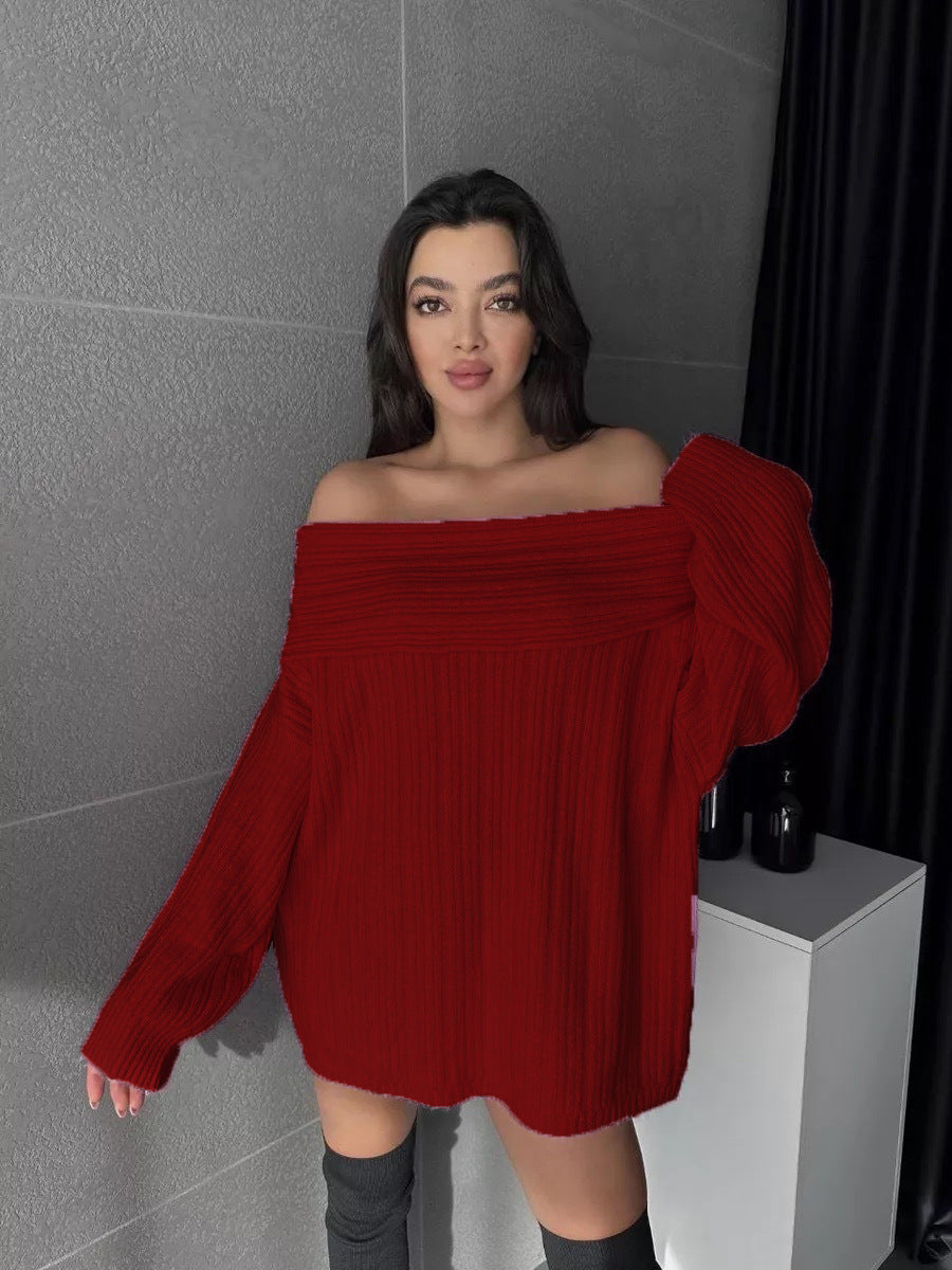 Oversized Fold-Over Off-Shoulder Sweater in Red — front detail