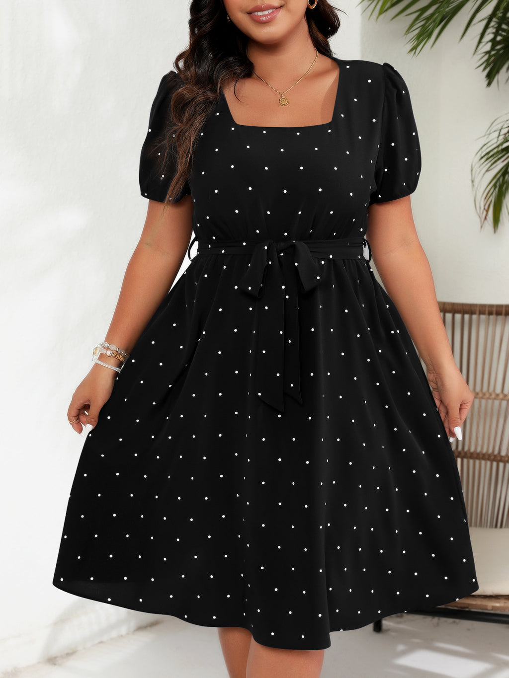 Plus-Size Polka Dot Square-Neck Midi Dress with Tie Waist in Black — front view on model