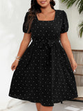 Plus-Size Polka Dot Square-Neck Midi Dress with Tie Waist in Black — front view on model