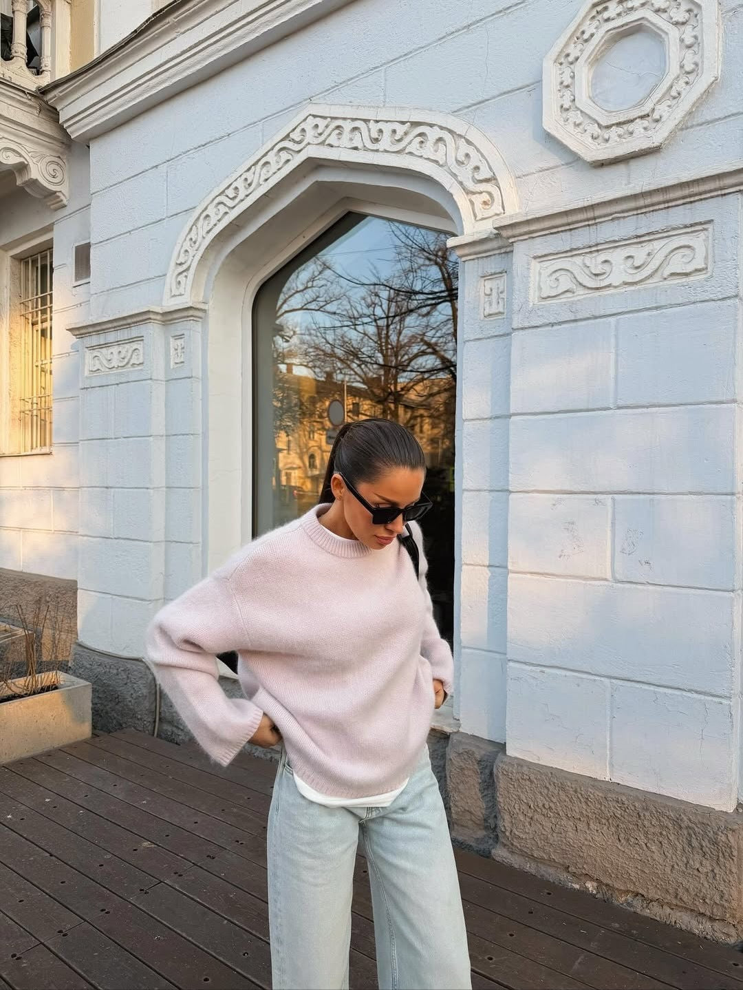 Relaxed Fuzzy Crew Neck Sweater in Pale Pink — front view on model or garment