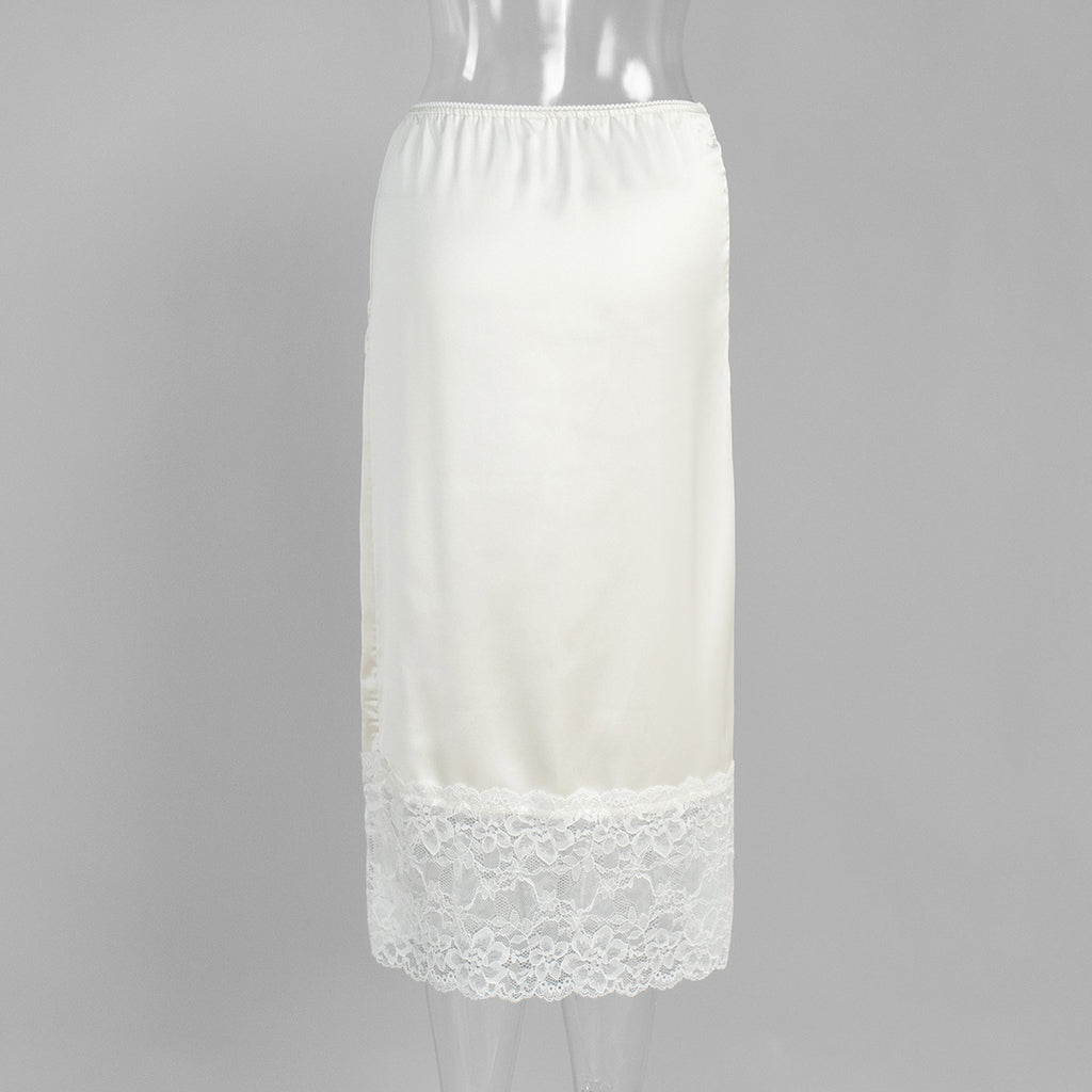 Satin Midi Skirt with Lace Hem in Ivory — back view on mannequin