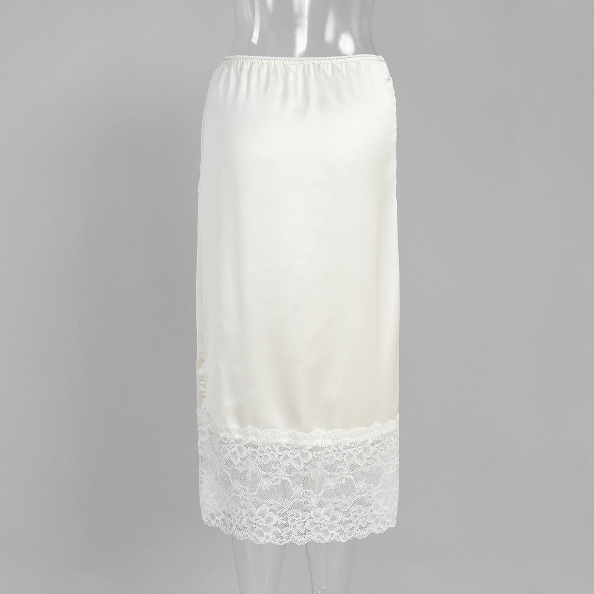Satin Midi Skirt with Lace Hem in Ivory — back view on mannequin