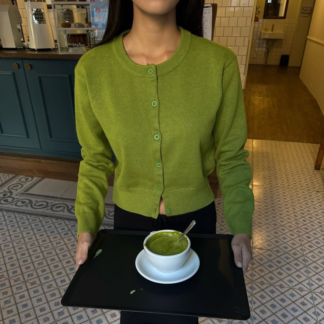 Cropped Crew-Neck Button Cardigan in Lime Green — front view on model