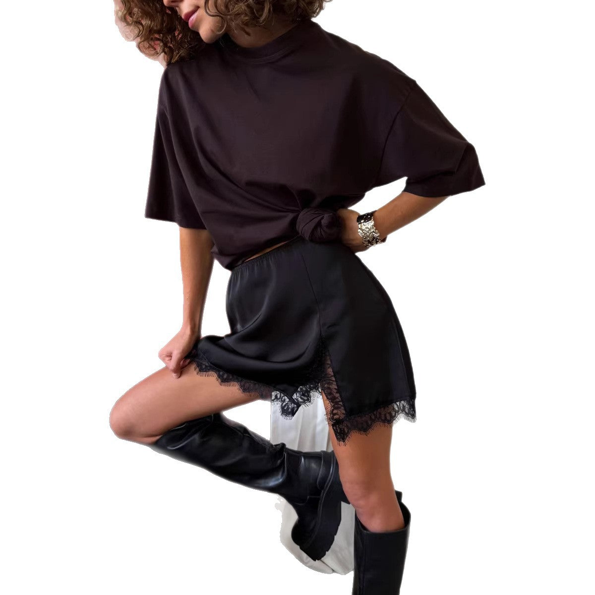 Lace-Trim Satin Mini Skirt in Black — side view on model