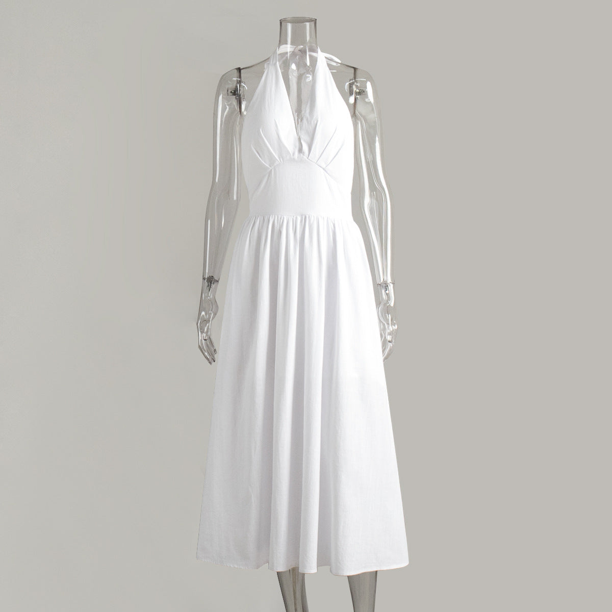 Cotton Halter V-Neck Maxi Dress in White — front view on mannequin
