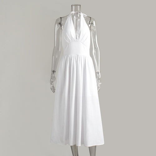 Cotton Halter V-Neck Maxi Dress in White — front view on mannequin